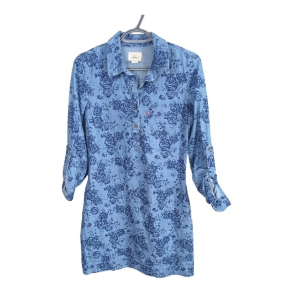 Levi's Floral Denim Jean Dress/Tunic Shirt Size Small Roll Tab Sleeves
